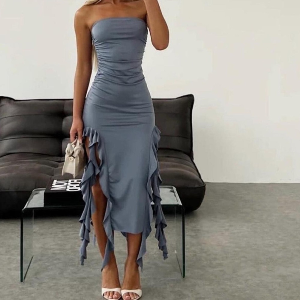 NWOT light blue/grey strapless dress with two slits with cascading side ruffles